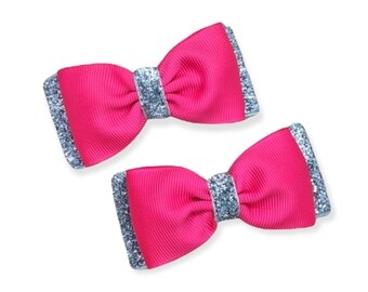 Pink & silver hair bows - hair bows, girls bows, baby bows, pigtail bows, toddler hair bows, 3 inch hair bows