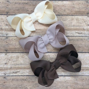 Neutral Grosgrain Ribbon Hair Bow Set: 3-Inch Hair Clips