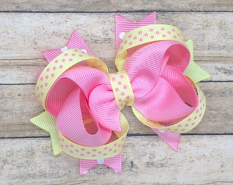 Pink and yellow boutique hair bow - hair bows for girls, hair bows, girls bows, baby bows, bows, toddler hair bows