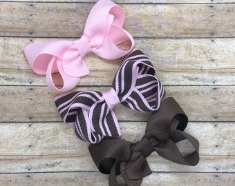 Pink and brown hair bow set - 3 inch hair bows, hair bows, bows, hair clips, hair bows for girls, baby bows, pigtail bows, girls hair bows
