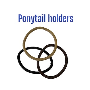 May include: Three ponytail holders in a neutral color palette. The image features a black, a brown, and a tan hair tie, overlapping each other against a white background. The text "Ponytail holders" is in blue.