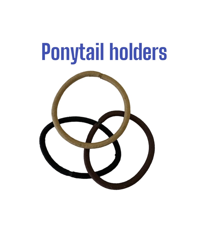 May include: Three ponytail holders in a neutral color palette. The image features a black, a brown, and a tan hair tie, overlapping each other against a white background. The text "Ponytail holders" is in blue.