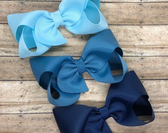 SET of blue hair bows - hair bows, bows, hair bows for girls, baby bows, hair clips, toddler bows, boutique bows, 4 inch hair bows