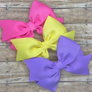 Set of 3 Grosgrain Ribbon Hair Bows: Bright Pink, Lemon, Lavender