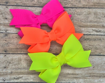Set of 3 neon hair bows - 3 inch bows, hair bow set, girls bows