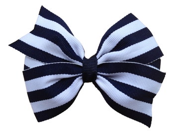 Navy blue striped hair bow - hair bows, bows for girls, baby bows, toddler bows, girls bows, big hair bows