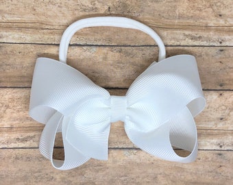 White baby headband - baby headband bows, baby bows, nylon headband, newborn headbands, baby girl headbands, hair bows