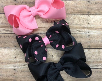 Pink and black hair bow set - hair bows, bows, hair bows for girls, baby bows, hair clips, toddler bows, boutique bows, 4 inch hair bows