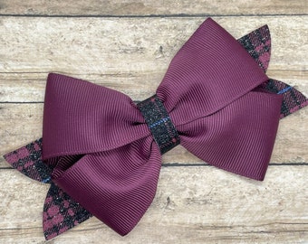 Burgundy plaid hair bow - hair bows for girls, toddler hair bows, boutique hair bows, 4 inch hair bows, glitter bows