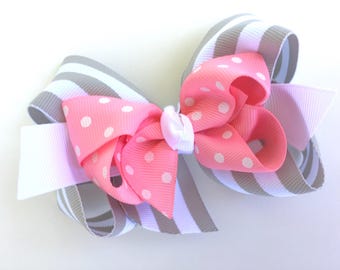 Pink & gray hair bow - bows for girls, hair bows, girls bows, toddler hair bows, big hair bows, boutique bows