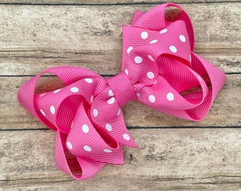 Bright pink polka dot hair bow - hair bows, bows for girls, baby bows, toddler bows, pigtail bows, girls bows, girls hair bows, boutique bow