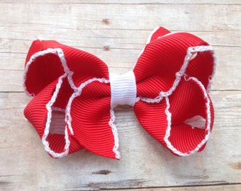 Red with white moonstitch hair bow - red & white hair bow, red boutique bow, girls hair bows, girls bows, red hair bows, christmas bows