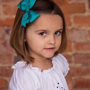 Pode incluir: Uma menina jovem com cabelo castanho curto vestindo uma camisa branca com uma estampa gr&aacute;fica azul e branca. Ela est&aacute; usando um la&ccedil;o turquesa no cabelo.
