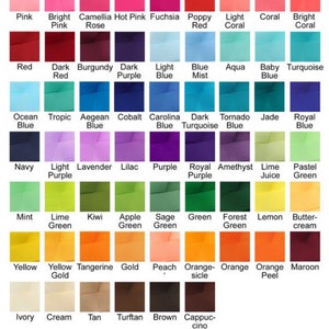 May include: A color chart featuring a wide array of ribbon colors, including light gray, pink, blue, green, and orange. Each color is labeled with its name, such as "Baby Pink" and "Tangerine."