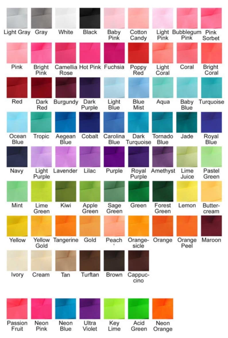 May include: A color chart featuring a wide array of ribbon colors, including light gray, pink, blue, green, and orange. Each color is labeled with its name, such as "Baby Pink" and "Tangerine."