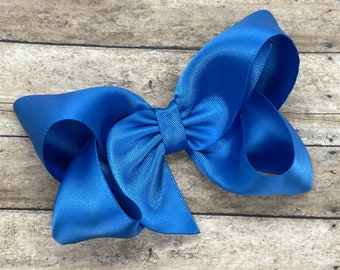 Blue Satin Hair Bow: Boutique Alligator Clip, Girls Toddler Bow