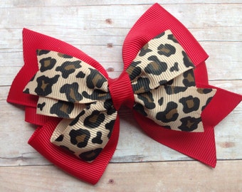 Leopard print hair bow - hair bows, girls hair bows, toddler bows, 4 inch hair bows, pinwheel bows