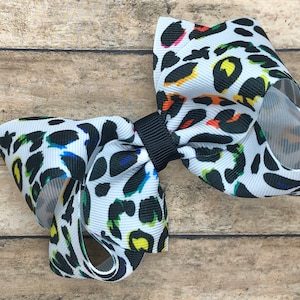 Rainbow leopard print hair bow - bows for girls, pigtail bows, toddler hair bows, 4 inch hair bows, pinwheel bows