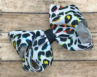 Rainbow leopard print hair bow - bows for girls, pigtail bows, toddler hair bows, 4 inch hair bows, pinwheel bows