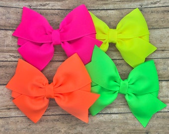 Set of 4 neon hair bows - hair bows, hair clips, baby bows, girls bows, toddler bows, 4 inch hair bows