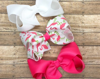 Flamingo hair bow set - hair bows, bows, hair bows for girls, baby bows, hair clips, toddler bows, boutique bows, 4 inch hair bows