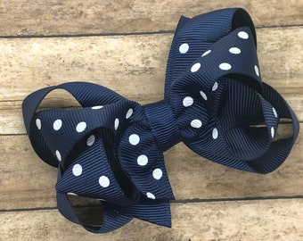 Navy blue polka dot hair bow - hair bows, bows for girls, baby bows, toddler bows, pigtail bows, girls bows, girls hair bows, boutique bows