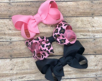 Pink leopard print hair bow set - 3 inch hair bows, hair bows, hair clips, hair bows for girls, baby bows, pigtail bows, girls hair bows