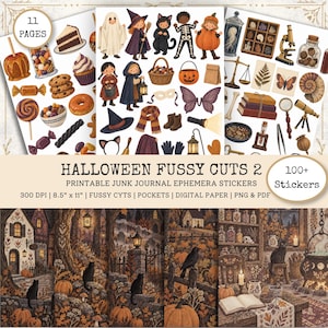 May include: A digital collection of Halloween-themed fussy cut stickers and junk journal ephemera featuring illustrations of candy, costumes, scientific specimens, and dark forest scenes with pumpkins, black cats, and cozy interior settings.