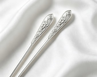 Vintage Embossed Peony Silver Plated Hair Stick, 925 Silver Tone Minimalist Chinese Updo Hairpin