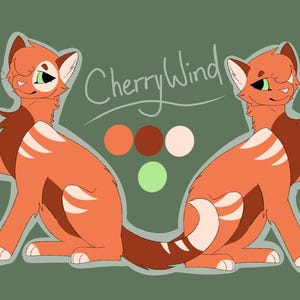 Puede incluir: Una ilustración digital de un gato atigrado naranja llamado CherryWind, mostrado en dos poses con ojos verdes, marcas blancas y un pecho marrón oscuro. Una paleta de colores con círculos naranja, marrón, crema y verde claro se muestra en el centro.