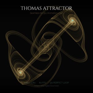 May include: A digital graphic titled THOMAS ATTRACTOR featuring a gold-coloured, swirling, abstract line pattern on a black background. The text reads: THOMAS ATTRACTOR, Seamless 60 fps Animation Loop, 1080 x 1080, 60 FPS, 12s PERFECT LOOP, instant MP4 Digital Download.