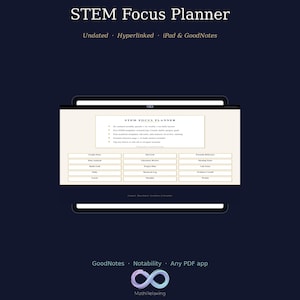 May include: A digital STEM Focus Planner displayed on a tablet screen. The interface features a list of templates including Graph Notes, Dot Grid, Formula Reference, Data Analysis, Lab Notes, Habit Goal, Project Plan, Daily, Research Log, and Weekly.