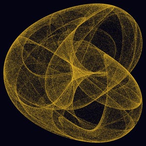 May include: A digital graphic illustration featuring a complex, swirling golden yellow pattern composed of fine, dense dots against a solid black background. The design forms an abstract, interconnected knot-like shape with overlapping curves.