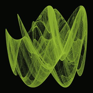 May include: A digital abstract graphic featuring a complex, flowing pattern of lime green lines against a solid black background. The design consists of dense, overlapping curves and intricate, web-like structures that create a sense of depth.