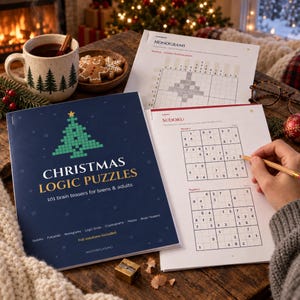 Jullogikpusselbok för vuxna och tonåringar, 101 utskrivbara hjärngymnastik, Sudoku, nonogram, kryptogram, labyrinter med lösningar