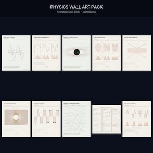 以下が含まれることがあります： MathRelaxingによる「Physics Wall Art Pack」と題された10枚のデジタル物理学ウォールアートプリントのコレクション。各オフホワイトのポスターには、ブラックと落ち着いたレッドのインクで科学的な図、波のパターン、数学の方程式が描かれており、ブラックホール、量子スプリング、流体方程式などの概念が詳細に示されています。