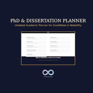 May include: A digital PhD & Dissertation Planner for GoodNotes & Notability on a dark background. The interface displays sections for Research Roadmap, Literature Log, Weekly Research, Conferences & Deadlines, Research Notes, Chapter Progress, Advisor Meetings, Monthly Overview, and Exam & Defense.