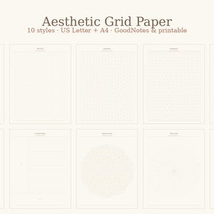 May include: A collection of ten digital grid paper templates on a light cream background. The text at the top reads Aesthetic Grid Paper, 10 styles, US Letter + A4, GoodNotes & printable. Each page features distinct geometric patterns.