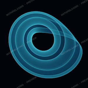 May include: A glowing cyan light trail forming a continuous, overlapping elliptical loop against a solid black background. The translucent, ribbon-like structure creates a sense of depth and motion, with the text MATHRELAXING PREVIEW repeated.