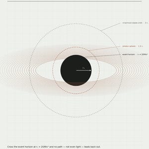 Op de afbeelding: Een wetenschappelijk diagram getiteld ANATOMY OF A BLACK HOLE op een rasterachtergrond. Het toont een centrale zwarte cirkel die de waarnemingshorizon voorstelt, omringd door concentrische stippellijnen voor de fotonensfeer.