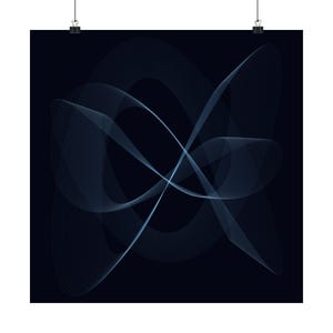 May include: A square wall art print featuring a dark navy blue background with a central abstract design composed of thin, light blue, overlapping curved lines that create a complex, flowing, geometric pattern with a sense of depth and motion.