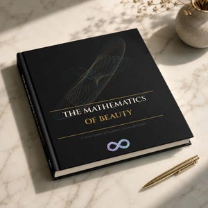 Könnte beinhalten: Ein schwarzes Hardcover-Buch mit dem Titel The Mathematics of Beauty und dem Untertitel A Visual Gallery of Equations, Curves and Chaos. Das Cover zeigt eine dünne goldene Liniengrafik, ein buntes Unendlichkeitssymbol und einen goldenen Stift.