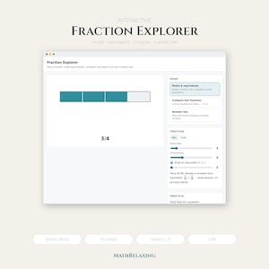 May include: A digital interface titled Interactive Fraction Explorer featuring a teal bar model representing 3/4. The screen includes mode selection, fraction sliders for numerator and denominator, and text explaining equivalent fractions and values.