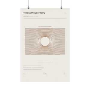 May include: A vertical poster titled THE EQUATIONS OF FLOW featuring a central diagram of fluid streamlines around a circle. The background is a light cream grid pattern with black text, mathematical formulas, and brown flow lines.