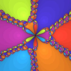 May include: A vibrant fractal pattern featuring a central point radiating five distinct arms. The design displays a kaleidoscope of colors including lime green, deep blue, magenta, bright orange, red, and cyan, with intricate repeating floral-like shapes.
