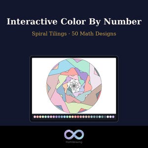 May include: Interactive Color By Number Spiral Tilings 50 Math Designs digital display showing a circular geometric pattern with pastel segments in pink, blue, green, and tan. A color palette bar is at the bottom of the screen with an infinity logo.