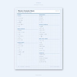 May include: A white grid-patterned Physics Formula Sheet with dark blue text. The document is organised into sections including Mechanics, Thermodynamics, Electricity & Magnetism, Energy & Momentum, Rotation & Gravity, Waves, Optics, Modern, and Constants.