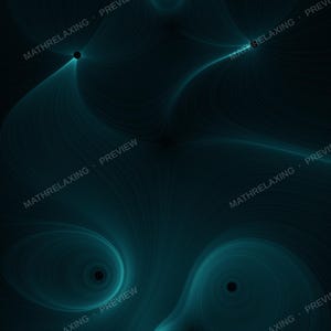 May include: A digital abstract graphic featuring flowing teal lines on a dark background, creating swirling patterns around several small black circular points. The text MATHRELAXING PREVIEW is repeated diagonally across the image surface.