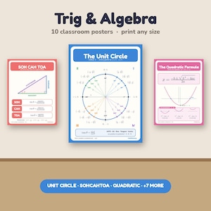 Può includere: Un set di 10 poster educativi per aule scolastiche intitolati Trig & Algebra. L'immagine mostra tre poster: un diagramma triangolare rosso SOH CAH TOA, un grafico blu del cerchio unitario e una formula quadratica rosa con equazioni.