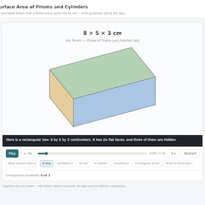 May include: An educational interface titled Surface Area of Prisms and Cylinders displaying a rectangular box with dimensions 8 x 5 x 3 cm. The box has a green top, blue front, and tan side. Text states: Here is a rectangular box: 8 by 5 by 3 centimeters.